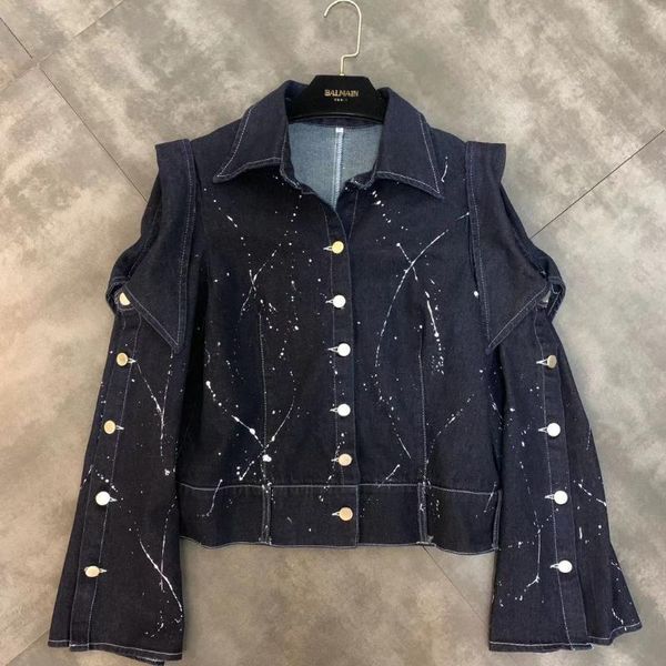 women's jackets 2021 autumn lapels off-the-shoulder button long-sleeved enamel paint trend denim jacket female, Black;brown
women's jackets 2021 autumn lapels off-the-shoulder button long-sleeved enamel paint trend denim jacket female, Black;brown