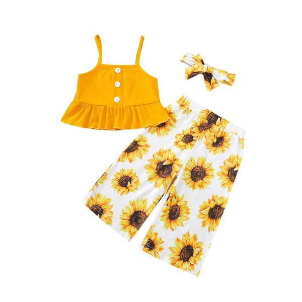 3pcs children's outfits girls clothing set ribbed sling vest sunflower printed trousers hair band for kids costume sets, White
3pcs children's outfits girls clothing set ribbed sling vest sunflower printed trousers hair band for kids costume sets, White