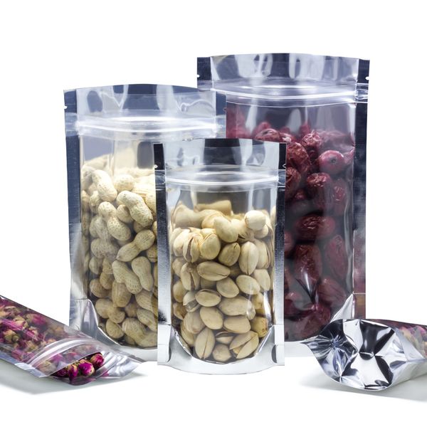 various sizes 50pcs clear front silver stand up aluminum foil zip lock bag heat sealable plastic packaging pouch for food tea
various sizes 50pcs clear front silver stand up aluminum foil zip lock bag heat sealable plastic packaging pouch for food tea