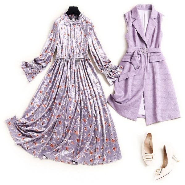 fashion fall lady office suit turn down collar vest and midi print dress velvet two pieces women's dresses, Black;gray
fashion fall lady office suit turn down collar vest and midi print dress velvet two pieces women's dresses, Black;gray