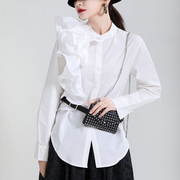 women's tanks & camis 2021 spring new dimensional flower long sleeve blouses and shirts stand collar single breasted solid color t, White 
women's tanks & camis 2021 spring new dimensional flower long sleeve blouses and shirts stand collar single breasted solid color t, White