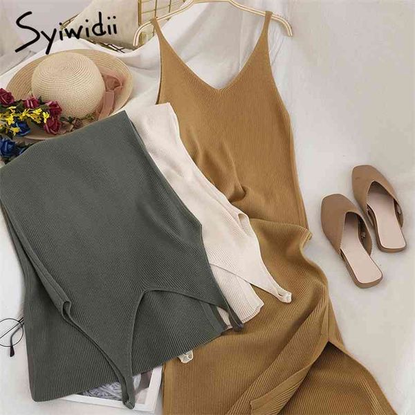 side slit high waist knitted camis dresses women sleeveless a-line solid green clothing summer korean fashion 210607, Black;gray
side slit high waist knitted camis dresses women sleeveless a-line solid green clothing summer korean fashion 210607, Black;gray