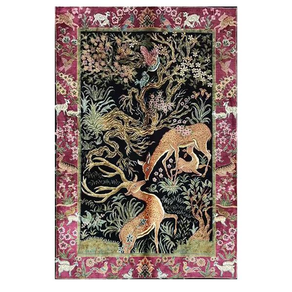 carpets 2.7'x4' scenery deer silk rug hand made wall tapestry weave pray mat