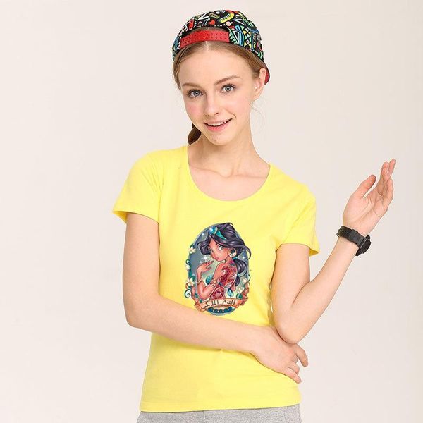 women's t-shirt cotton fashion princess print pattern low round neck short sleeve top, White
women's t-shirt cotton fashion princess print pattern low round neck short sleeve top, White