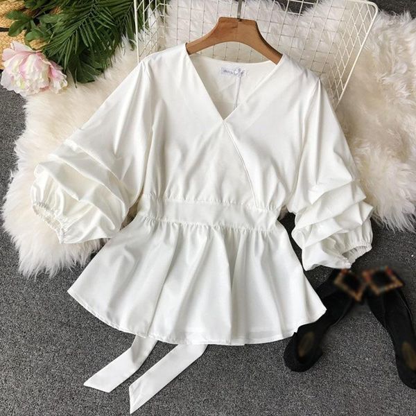 women's blouses & shirts female pleated casual chiffon blouse v neck flare sleeve a-shape hem three-quarter sleeves solid, White
women's blouses & shirts female pleated casual chiffon blouse v neck flare sleeve a-shape hem three-quarter sleeves solid, White