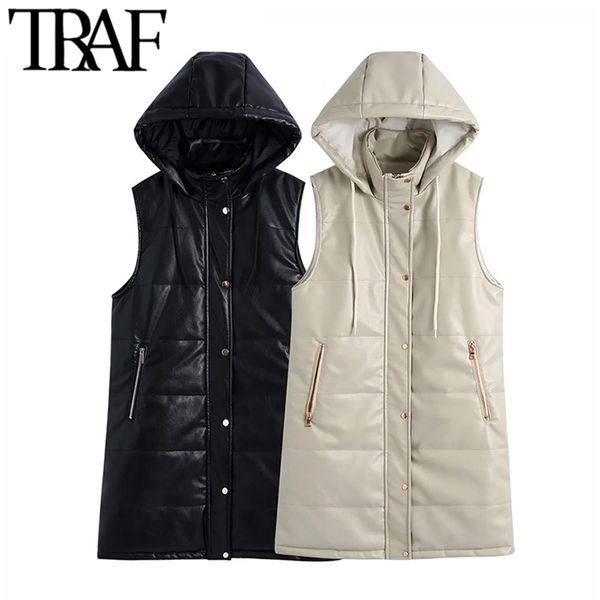 traf women fashion faux leather hooded padded waistcoat vintage sleeveless zip-up female outerwear chic overcoat 211123, Black;white
traf women fashion faux leather hooded padded waistcoat vintage sleeveless zip-up female outerwear chic overcoat 211123, Black;white