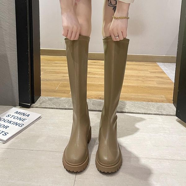 boots autumn winter knee high women 2021 pu leather square heels long woman short plush platform shoes booties, Black