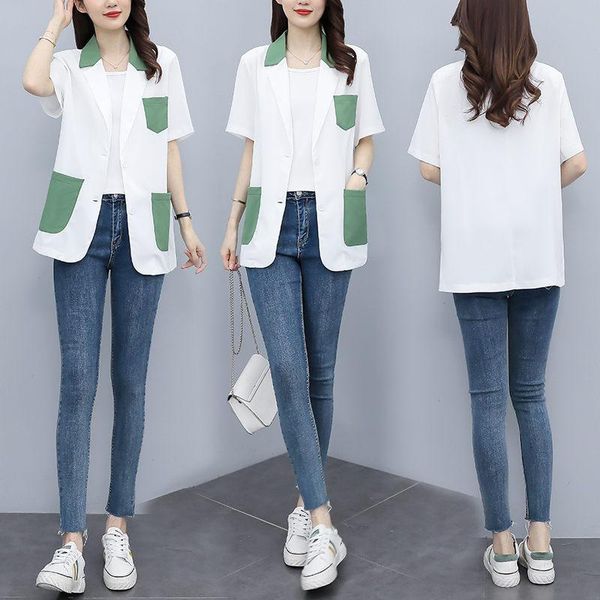 women's suits & blazers short sleeve plus size summer blazer 2021 temperament suit collar color matching chiffon sunscreen jacket zh14, White;black
women's suits & blazers short sleeve plus size summer blazer 2021 temperament suit collar color matching chiffon sunscreen jacket zh14, White;black
