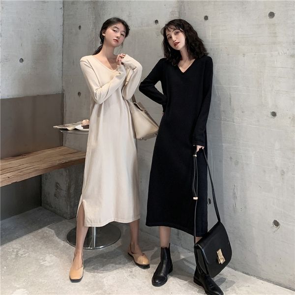 autumn women maxi loose v-neck knitted dresses winter long sweater dress plus size, Black;gray
autumn women maxi loose v-neck knitted dresses winter long sweater dress plus size, Black;gray
