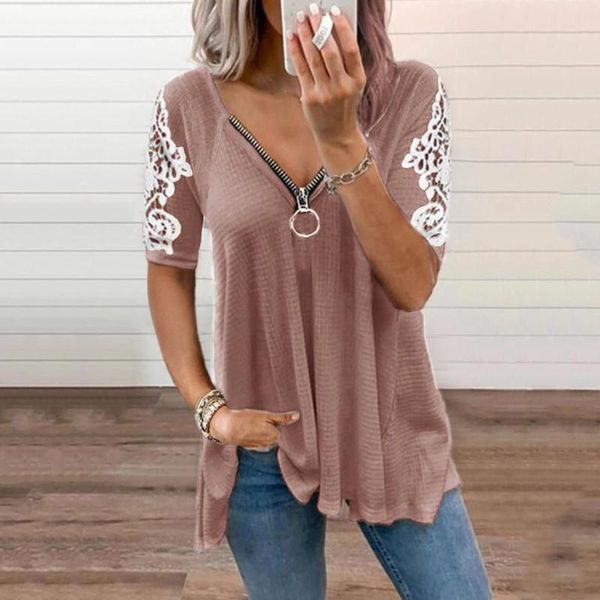 women's blouses & shirts lace stitching blouse women casual elegant shortsleeve v-neck zipper solid color tunics shirt blusas de mujer, White
women's blouses & shirts lace stitching blouse women casual elegant shortsleeve v-neck zipper solid color tunics shirt blusas de mujer, White