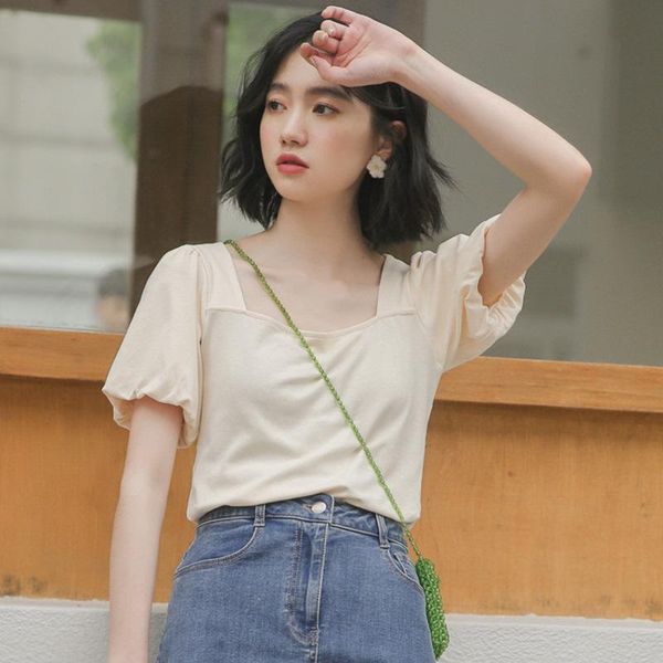 women's t-shirt summer design sense solid color bubble sleeve square collar korean loose students short sleeves, White
women's t-shirt summer design sense solid color bubble sleeve square collar korean loose students short sleeves, White