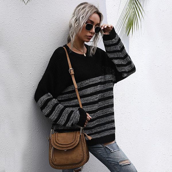 women's sweaters larci bottoming sweater knitwear 2021 loose striped round neck mid-length long sleeve fall for women, White;black
women's sweaters larci bottoming sweater knitwear 2021 loose striped round neck mid-length long sleeve fall for women, White;black
