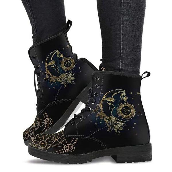boots women's autumn and winter fadbritish vogue tooling skull flower print high-ladies, Black