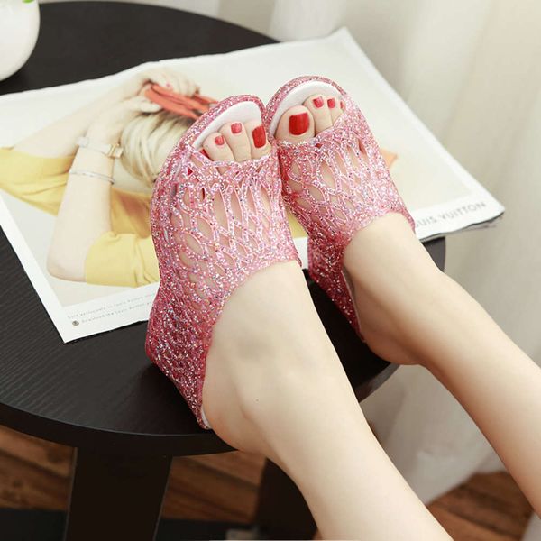 summer style women's high-heeled sandals powder transparent jelly wedge-shaped slippers, Black
summer style women's high-heeled sandals powder transparent jelly wedge-shaped slippers, Black
