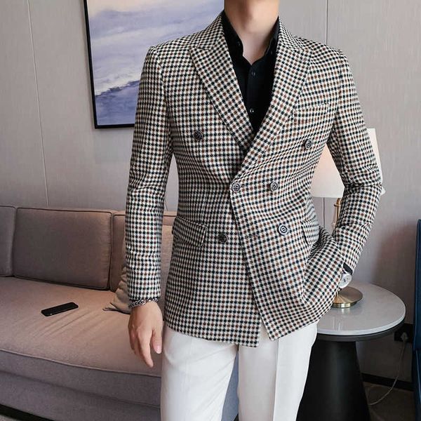 men's versatile slim vintage plaid suit jacket 2021 new wedding dress double breasted long sleeve grey brown blazer, White;black
men's versatile slim vintage plaid suit jacket 2021 new wedding dress double breasted long sleeve grey brown blazer, White;black