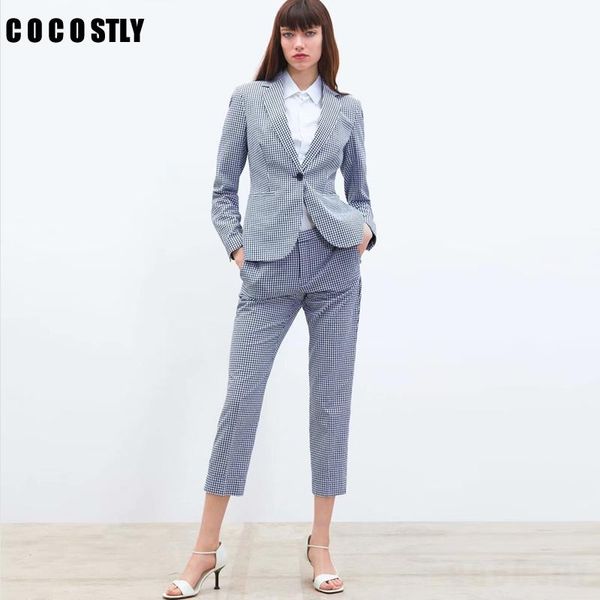 women suits formal two piece small suit plaid set single button blazer high waist straight pants office lady women's, White
women suits formal two piece small suit plaid set single button blazer high waist straight pants office lady women's, White