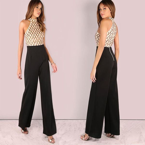women's jumpsuits & rompers sequined plaid patchwork jumpsuit summer elegant halter sleeveless women wide leg playsuits one piece pants, Black;white
women's jumpsuits & rompers sequined plaid patchwork jumpsuit summer elegant halter sleeveless women wide leg playsuits one piece pants, Black;white