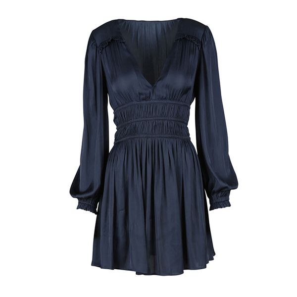 v neck lantern long sleeve navy solid satin mini dress d2208 210514, Black;gray