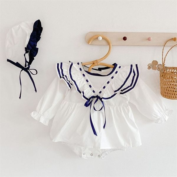spring autumn infant baby girls fly sleeve rompers and hat clothing kids girl long clothes 210521, White 
spring autumn infant baby girls fly sleeve rompers and hat clothing kids girl long clothes 210521, White