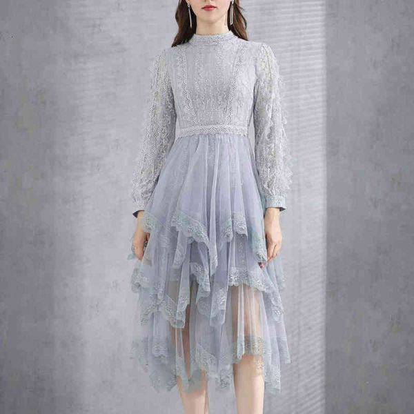 style tulle lace sleeve thin temperament mid length dress quality women's clothes, Black;gray
style tulle lace sleeve thin temperament mid length dress quality women's clothes, Black;gray