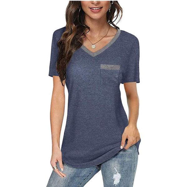 women's t-shirt plus size 2021 summer color matching v-neck pocket casual loose, White
women's t-shirt plus size 2021 summer color matching v-neck pocket casual loose, White