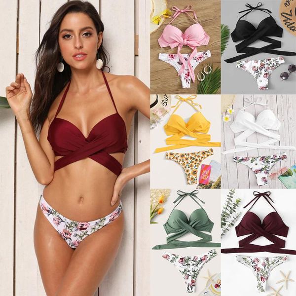 women's swimwear floral print low-waist bikinis set women swimsuit cross bandage halter two pieces 2021 beach bathing suits, White;black
women's swimwear floral print low-waist bikinis set women swimsuit cross bandage halter two pieces 2021 beach bathing suits, White;black