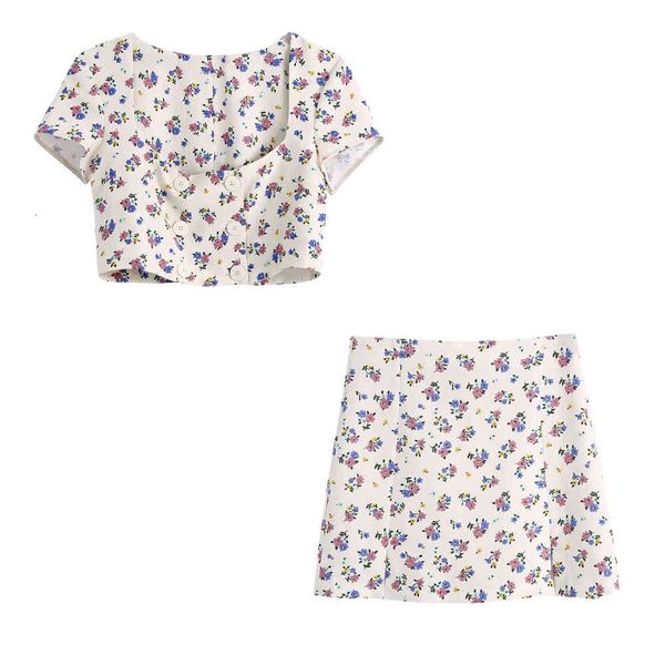 suits 2021 women two piece flower printed linen cropped & mini skirt casual lady summer woman and set, Black