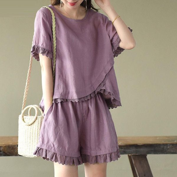 women's tracksuits cotton fashion suit summer artistic imitation and linen t-shirt short-sleeved shirt wide-leg shorts two-piece set, Gray
women's tracksuits cotton fashion suit summer artistic imitation and linen t-shirt short-sleeved shirt wide-leg shorts two-piece set, Gray