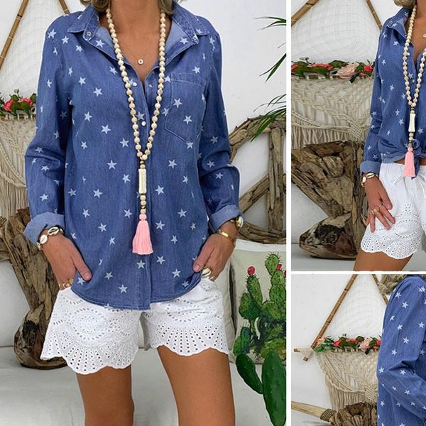 vintage casual turndown neck women shirt long sleeve denim printed clothes tees, White
vintage casual turndown neck women shirt long sleeve denim printed clothes tees, White