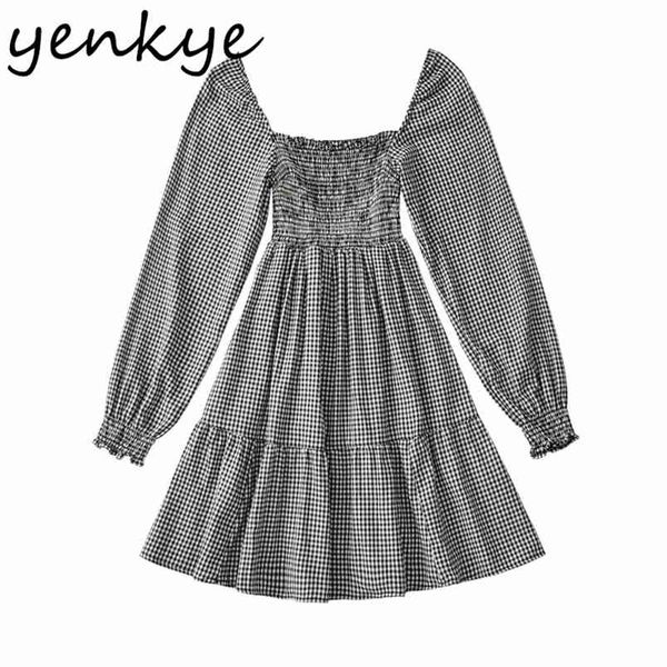 spring women vintage plaid dress elegant female square neck long sleeve casual short vestido 210514, Black;gray
spring women vintage plaid dress elegant female square neck long sleeve casual short vestido 210514, Black;gray