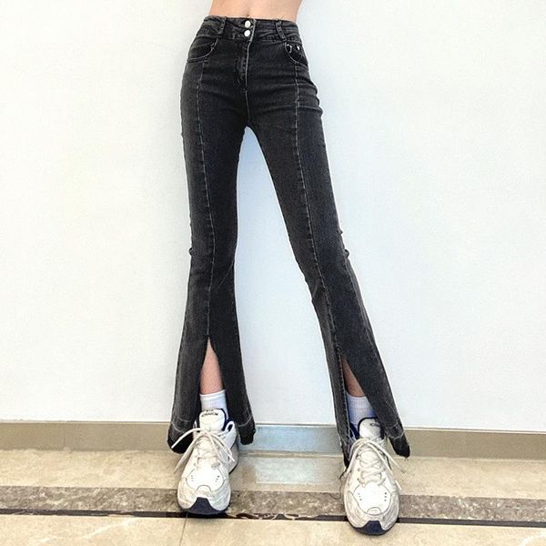 spring jean femme women's slit micro flared high waist jeans fashion tight-fitting slim black trousers, Blue
spring jean femme women's slit micro flared high waist jeans fashion tight-fitting slim black trousers, Blue