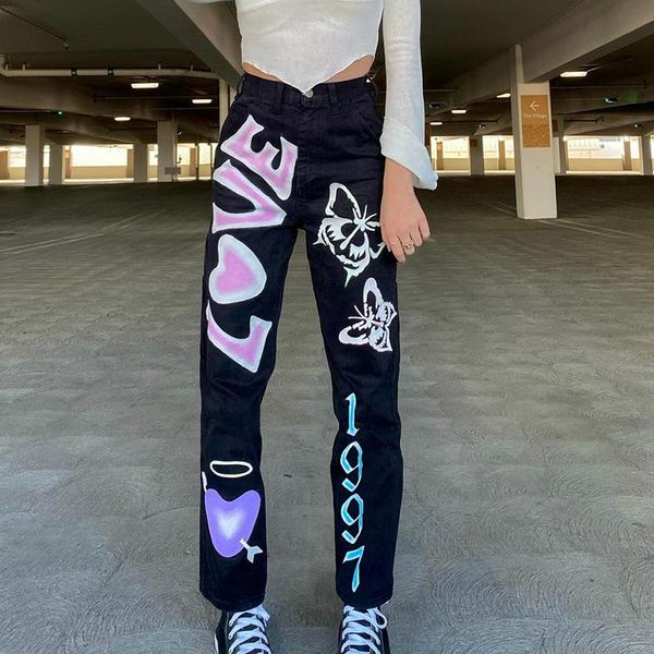 women's jeans denim pant 2021 street hip hop personalized print painted graffiti contrast color trousers high waist slim straight trend, Blue
women's jeans denim pant 2021 street hip hop personalized print painted graffiti contrast color trousers high waist slim straight trend, Blue
