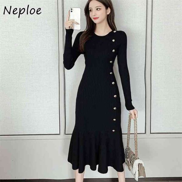 chic button o-neck slim fit knitted wome dresses autumn mid-length trumpet dress solid color high waist vestidos 210422, Black;gray 
chic button o-neck slim fit knitted wome dresses autumn mid-length trumpet dress solid color high waist vestidos 210422, Black;gray