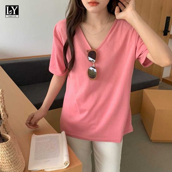 ly varey lin summer women casual v-neck short sleeve candy color pink loose simplicity female white black t-shirts 210526
ly varey lin summer women casual v-neck short sleeve candy color pink loose simplicity female white black t-shirts 210526