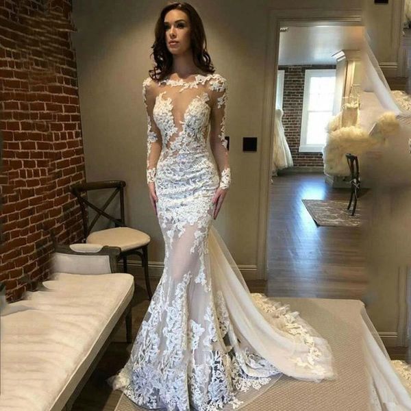 jewel neck lace mermaid wedding dress long sleeves bridal gowns appliqued sweep train backless tulle bride dresses vestidos de novia, White
jewel neck lace mermaid wedding dress long sleeves bridal gowns appliqued sweep train backless tulle bride dresses vestidos de novia, White