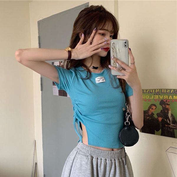 women's t-shirt summer clothing slim o-neck tees korean causal style solid short sleeve ladies drawstring t shirts asymmetry, White
women's t-shirt summer clothing slim o-neck tees korean causal style solid short sleeve ladies drawstring t shirts asymmetry, White