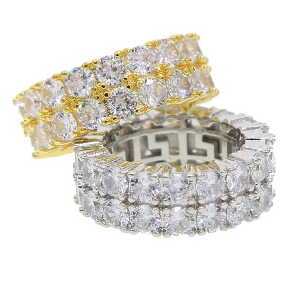cluster rings gold color plated male fashion two rows wide band ring with crystal cz mens' hiphop jewelry 2021 drop shiping, Golden;silver