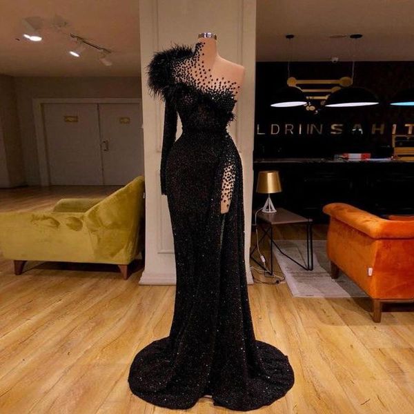 party dresses sparkly sequins one shoulder mermaid evening dress long sleeves beading high split formal prom women gowns, White;black
party dresses sparkly sequins one shoulder mermaid evening dress long sleeves beading high split formal prom women gowns, White;black