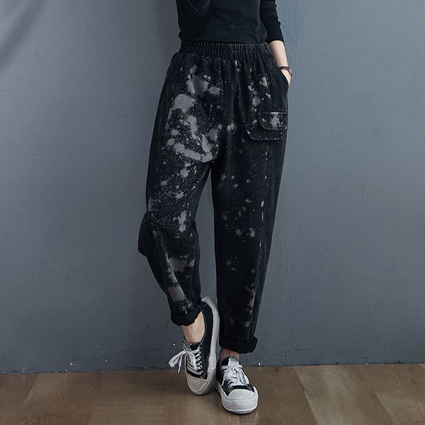 2021 spring arts female elastic waistline drop jeans plus size vintage printing cotton shreds deniharem pants v252, Blue
2021 spring arts female elastic waistline drop jeans plus size vintage printing cotton shreds deniharem pants v252, Blue