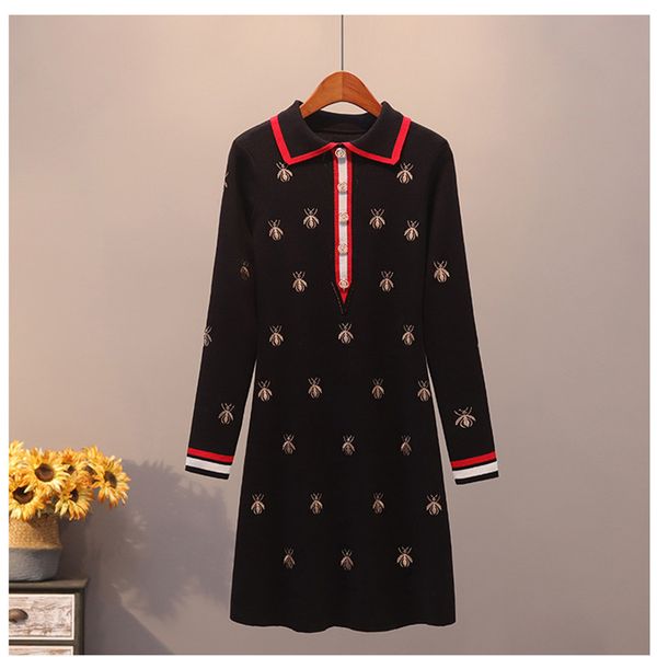 new fashion golden bees embroidery knitting dress women autumn winter turn-down collar simple runway knit slim dress, Black;gray
new fashion golden bees embroidery knitting dress women autumn winter turn-down collar simple runway knit slim dress, Black;gray