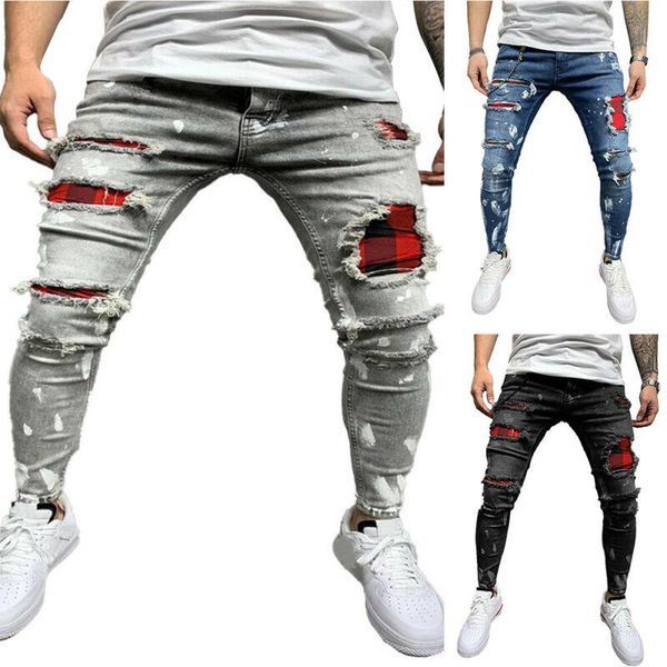 men's patchwork ripped skinny fit jeans stretch biker distressed denim pants, Blue
men's patchwork ripped skinny fit jeans stretch biker distressed denim pants, Blue