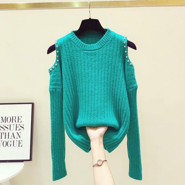 fashion solid shoulder-baring green sweater 2021 autumn winter pullover women's beads long sleeve loose round neck sweaters, White;black
fashion solid shoulder-baring green sweater 2021 autumn winter pullover women's beads long sleeve loose round neck sweaters, White;black