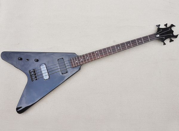 4 strings left handed v shaped black electric bass guitar with rosewood fretboard
4 strings left handed v shaped black electric bass guitar with rosewood fretboard