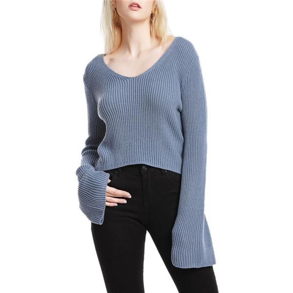 women's sweaters 2021 ladies flare sleeve loose long v-neck solid color knitwear women fashion casual costume, White;black
women's sweaters 2021 ladies flare sleeve loose long v-neck solid color knitwear women fashion casual costume, White;black