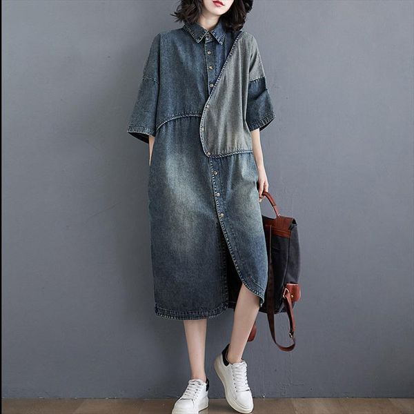 extra large size denim spring women dress summer loose stitching fashion vintage jeans mid length shirt jacket y1244, Black;gray 
extra large size denim spring women dress summer loose stitching fashion vintage jeans mid length shirt jacket y1244, Black;gray