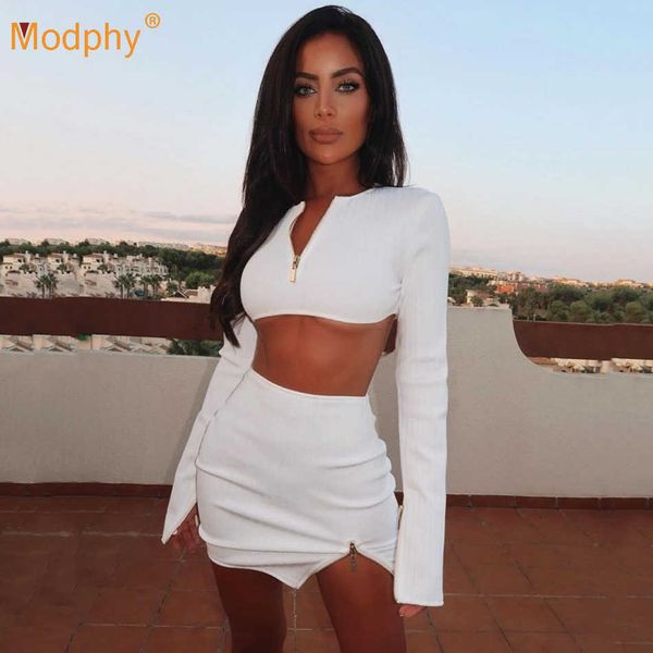 spring women's white bodycon 2 two-piece suit long sleeve zipper short + mini skirt fashion party set clothes 210527
spring women's white bodycon 2 two-piece suit long sleeve zipper short + mini skirt fashion party set clothes 210527