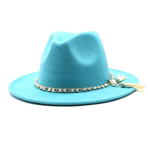 wide brim hats classic fedora hat with pearl tassel chain woolen jazz men and women big fashion flat panama, Blue;gray
wide brim hats classic fedora hat with pearl tassel chain woolen jazz men and women big fashion flat panama, Blue;gray