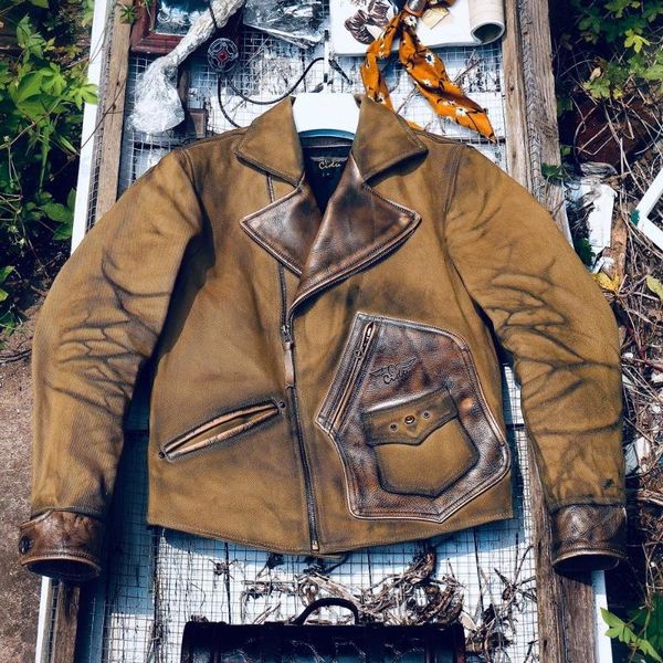 men's leather & faux an achievement american-style vintage heavy oil wax canvas panel blooming lapel sling jacket, Black
men's leather & faux an achievement american-style vintage heavy oil wax canvas panel blooming lapel sling jacket, Black