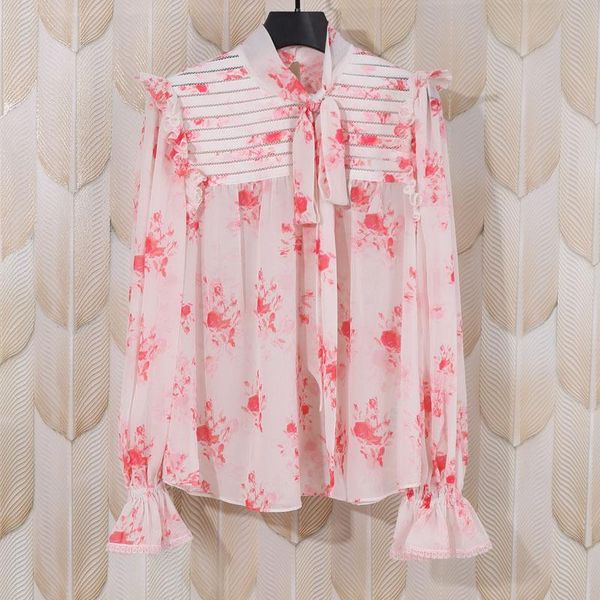 women's blouses & shirts sweet floral blouse bow tie collar long sleeve pleated back hollow out rufflues trim lady shirt and top, White
women's blouses & shirts sweet floral blouse bow tie collar long sleeve pleated back hollow out rufflues trim lady shirt and top, White