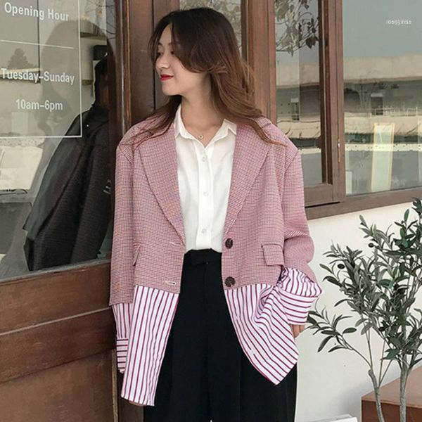 women's suits & blazers 2021 spring summer suit collar single breasted lattice splice stripe blazer women streetwear loose coat tide v1, White;black
women's suits & blazers 2021 spring summer suit collar single breasted lattice splice stripe blazer women streetwear loose coat tide v1, White;black